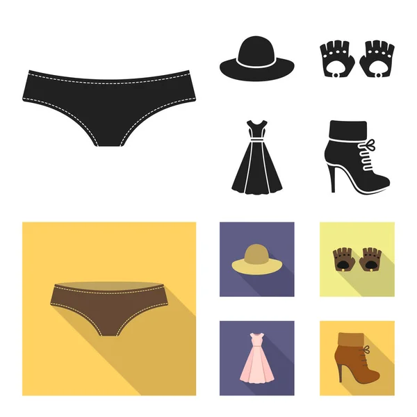 Calcinhas, luvas, vestido, chapéu. Conjunto de roupas ícones de coleção em preto, estilo plano símbolo vetorial web ilustração . —  Vetores de Stock