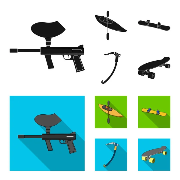 Paintball marker, kayak with a paddle, snowboard and climbing ice ax.Extreme sport set collection icons in black, flat style vector symbol stock illustration web. — Stock Vector