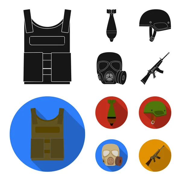 Chaleco antibalas, mío, casco, máscara de gas. Militar y ejército conjunto colección iconos en negro, plano estilo vector símbolo stock ilustración web . — Vector de stock
