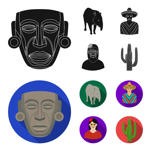 Tapír mexikói állatok, a mexikói nemzeti ruhát, egy poncsó, egy nő, egy virág, egy kaktusz. Mexikó ország készlet gyűjtemény ikonok-ban fekete, lapos stílusú vektor szimbólum stock illusztráció web. — Stock Vector