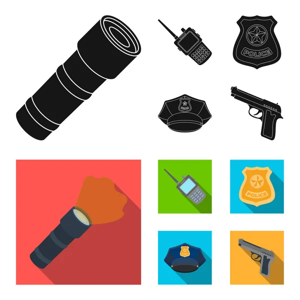 Rádio, distintivo de policiais, boné uniforme, pistola.Ícones de coleção de conjuntos de polícia em preto, estilo plano símbolo vetorial ilustração web . — Vetor de Stock