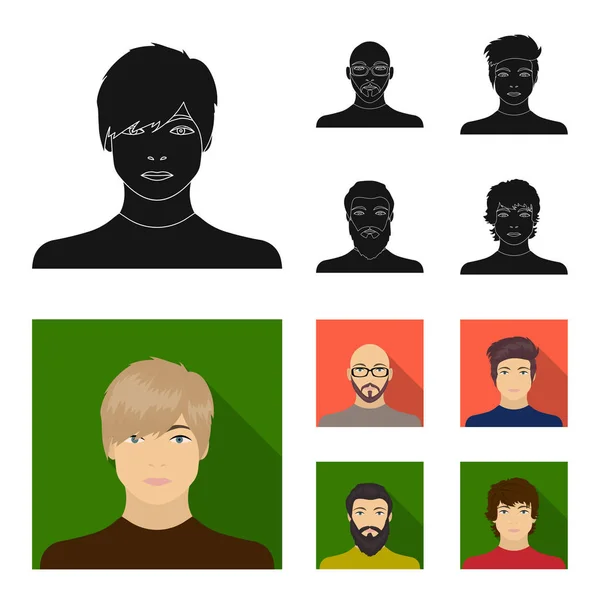 Le visage d'un chauve avec des lunettes et une barbe, un homme barbu, l'apparence d'un gars avec une coiffure. Visage et apparence ensemble icônes de la collection en noir, style plat vectoriel symbole illustration web — Image vectorielle