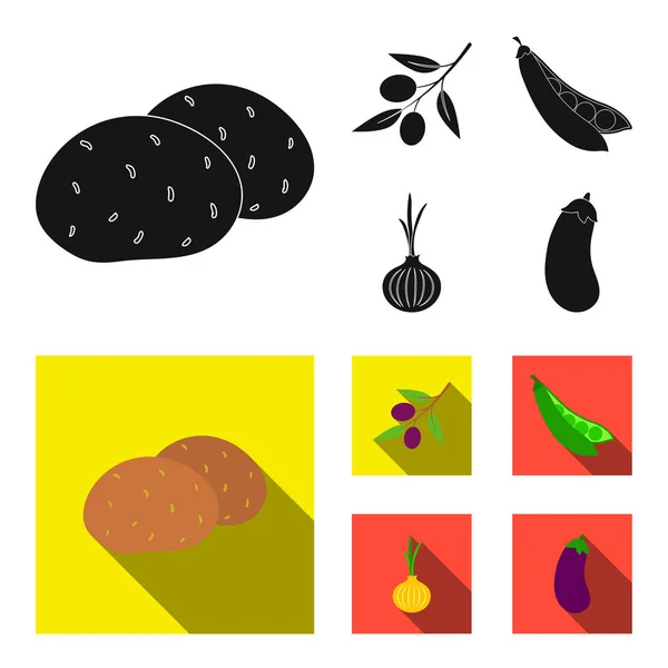Oliven auf einem Zweig, Erbsen, Zwiebeln, Auberginen. Gemüse Set Sammlung Symbole in schwarz, flachen Stil Vektor Symbol Stock Illustration Web. — Stockvektor