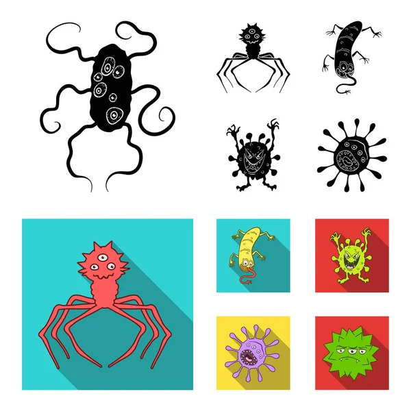Különböző típusú vírusok és mikrobák. Vírusok és baktériumok készlet gyűjtemény ikonok-ban fekete, lapos stílusú vektor szimbólum stock illusztráció web. — Stock Vector