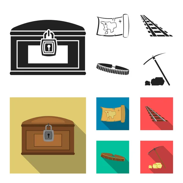 Treasure map, chest, rails, patrol.Wild west set collection icons in black, flat style vector symbol stock illustration web . — стоковый вектор