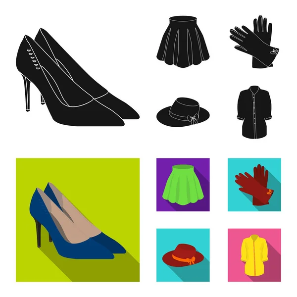 Sukně s záhyby, kožené rukavice, Dámské čepice s mašlí, tričko na zip. Dámské oblečení kolekce sady ikon v černé, ploché styl vektor symbol akcií ilustrace web. — Stockový vektor