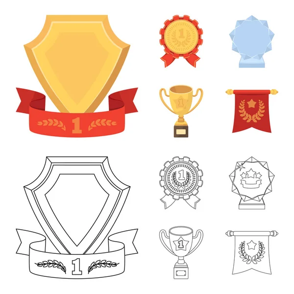 An Olympic medal for the first place, a crystal ball, a gold cup on a stand, a red pendant.Awards and trophies set collection icons in cartoon,outline style vector symbol stock illustration web. — Stock Vector