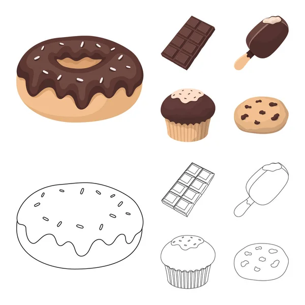 Donat dengan coklat, zskimo, ubin shokolpada, biscuit.Chocolate dessert set ikon koleksi di kartun, outline gaya vektor simbol saham ilustrasi web . - Stok Vektor