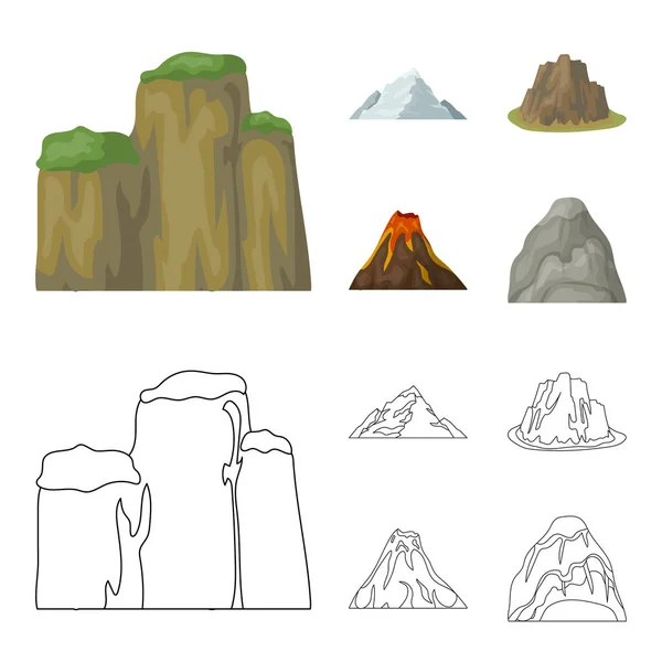 Явные скалы, извержение вулкана, гора с пляжем, ледник. Различные горы устанавливают иконки коллекции в мультфильме, очертания стиля векторных символов иконок иконок . — стоковый вектор