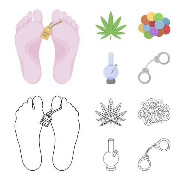 Hemp leaf, ecstasy pill, handcuffs, bong.Drug set collection icons in cartoon,outline style vector symbol stock illustration web. — Stock Vector