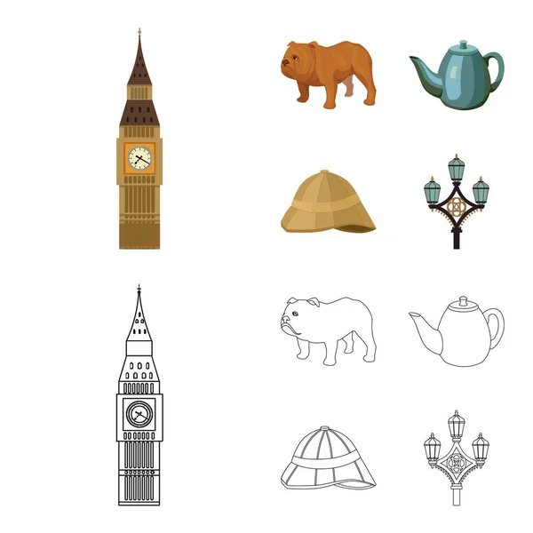 Raza perro, tetera, cervecero .England país conjunto colección iconos en dibujos animados, contorno estilo vector símbolo stock ilustración web . — Archivo Imágenes Vectoriales