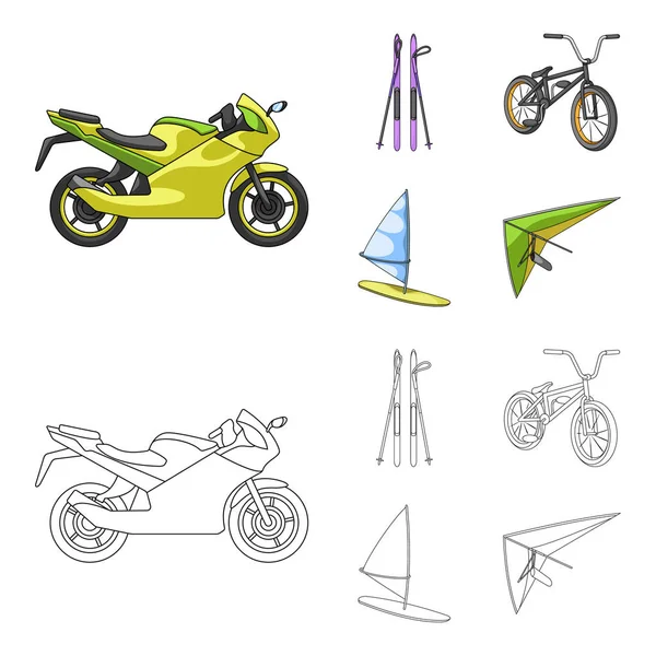 Motorcycle, mountain skiing, biking, surfing with a sail.Extreme sport set collection icons in cartoon,outline style vector symbol stock illustration web. — Stock Vector