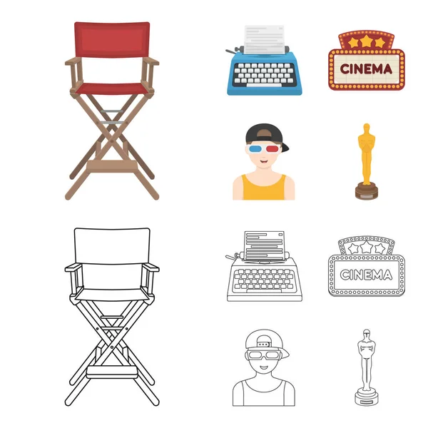 导演, 打字机, 电影招牌, 电影人的椅子。电影和电影院集合图标在卡通, 轮廓风格矢量符号股票插画网站. — 图库矢量图片
