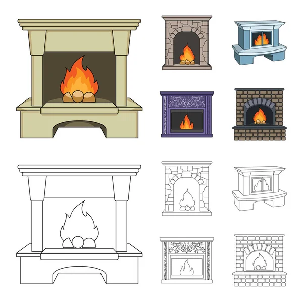 화재, 온 정 그리고 안락입니다. 벽난로, 개요 스타일 벡터 기호 재고 일러스트 웹에서에서 컬렉션 아이콘을 설정. — 스톡 벡터