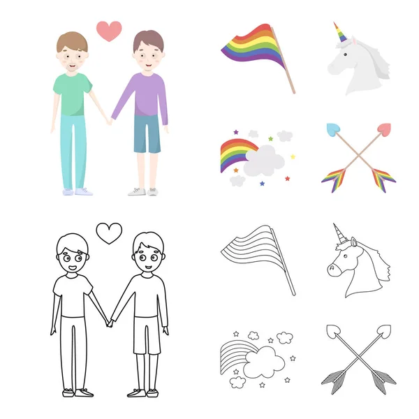 Σημαία, σύμβολο μονόκερος, βέλη με την καρδιά. Gay συλλογή εικόνες που σε σκίτσο, περίγραμμα στυλ διάνυσμα σύμβολο μετοχής εικονογράφηση web. — Διανυσματικό Αρχείο