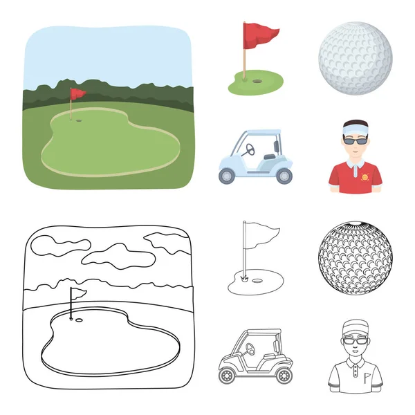 Campo com um buraco e uma bandeira, uma bola de golfe, um golfista, um cartão de golfe elétrico.Golf clube conjunto coleção ícones em desenhos animados, esboço estilo vetor símbolo ilustração web . — Vetor de Stock