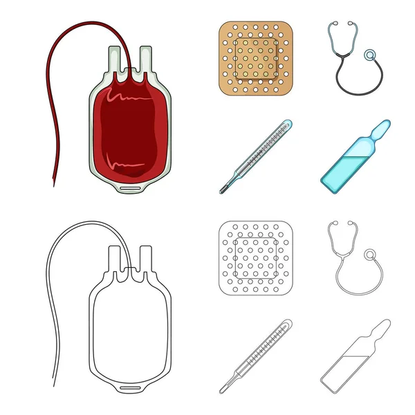 Pacote com doador de sangue e outros equipment.Medicine conjunto de ícones de coleção em desenhos animados, esboço estilo vetor símbolo estoque ilustração web . —  Vetores de Stock