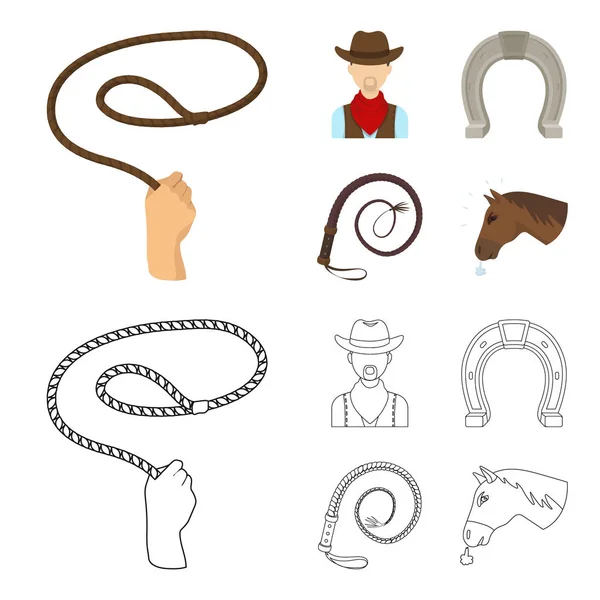 Lazo de mano, vaquero, herradura, látigo. Rodeo conjunto colección iconos en dibujos animados, contorno estilo vector símbolo stock ilustración web . — Vector de stock