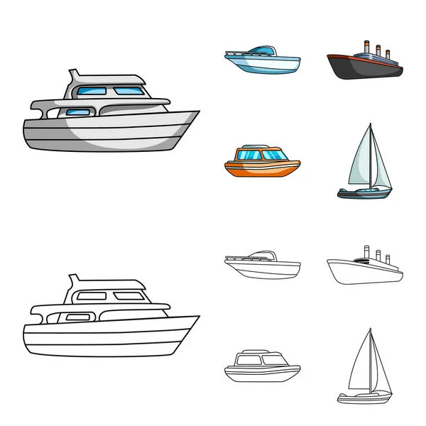 保护艇, 救生艇, 货物蒸笼, 运动游艇。船舶和水运集合图标在卡通, 轮廓风格矢量符号股票插画网站. — 图库矢量图片