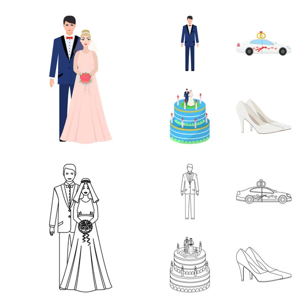 Wedding and Attributes cartoon ,flat,outline,black icons in set collection for design.Newlyweds and Accessories vector symbol stock web illustration. — Stock Vector