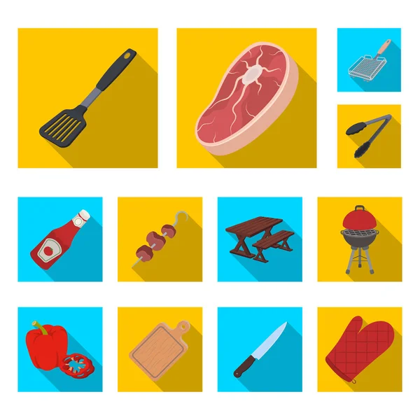 Barbacoa y equipamiento iconos planos en set colección para diseño. Picnic y comida frita vector símbolo stock web ilustración . — Vector de stock