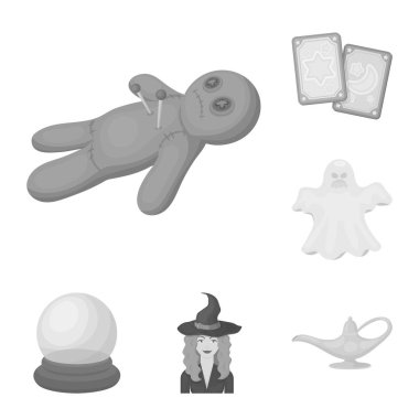 Siyah ve beyaz set koleksiyonu tasarım için sihirli tek renkli simgeler. Sembol stok web illüstrasyon vektör öznitelikleri ve büyücü aksesuarları.