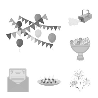 Olay organizasyon set koleksiyonu tasarım için tek renkli simgeler. Kutlama ve öznitelikleri sembol stok web illüstrasyon vektör.