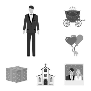 Düğün ve öznitelikler tek renkli simgeler set koleksiyonu tasarım için. Sembol stok web illüstrasyon vektör yeni evliler ve aksesuarları.