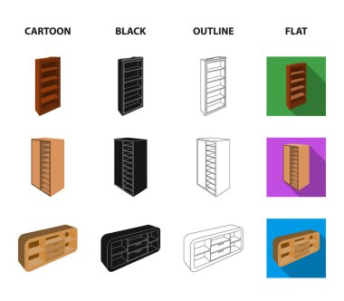 İle mezzanines ile raf ayna, dolap, dolap. Yatak Odası Mobilya koleksiyonu Icons set çizgi film, siyah, anahat, düz stil vektör simge stok çizim web.