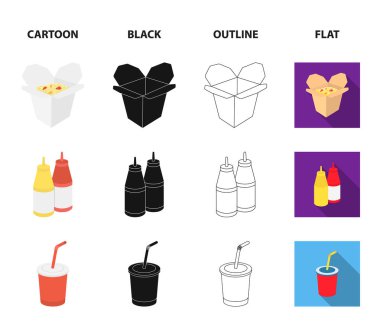 Çikolata, erişte, nuggets, sos. Fast food koleksiyonu Icons set çizgi film, siyah, anahat, düz stil vektör simge stok çizim web.
