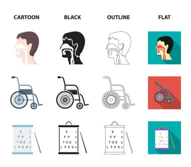 Koltuk değneği, test tüpleri, tekerlekli sandalye, insan solunum sistemi ile tripod. Tıp koleksiyonu Icons set çizgi film, siyah, anahat, düz stil vektör simge stok çizim web.