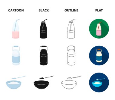 Keçi, bir parça peynir ve diğer ürünler. Süt toplama Icons set çizgi film, siyah, anahat, düz stil vektör simge stok çizim web.