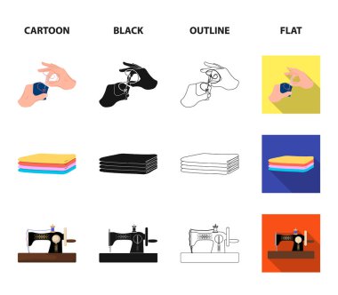 Kumaş makastan kesme kumaşlar, dikiş, el mankeni giyim için. Dikiş ve ekipman toplama Icons set çizgi film, siyah, anahat, düz stil vektör simge stok çizim web.