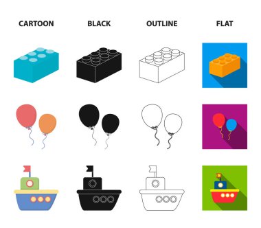 Bebek arabası, yel değirmeni, lego, balonlar. Oyuncak koleksiyonu Icons set çizgi film, siyah, anahat, düz stil vektör simge stok çizim web.