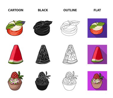 Tatlı Bulgar biber, vitamin içeceği, reçel Ahududu ve nane yaprakları ile karpuz bir parçası. Vejetaryen yemekleri koleksiyonu Icons set çizgi film, siyah, anahat, düz stil vektör simge stok