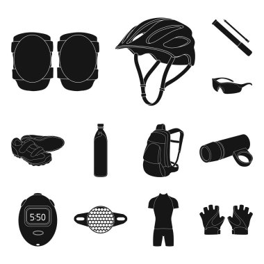 Set koleksiyonu tasarım için bisiklet kıyafeti siyah simgeler. Bisiklet ve araç vektör simge stok web çizim.
