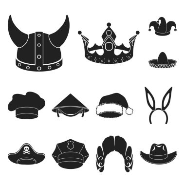 Şapka çeşitleri set koleksiyonu tasarım için simgeler siyah. Headdress vektör simge stok web çizimi.
