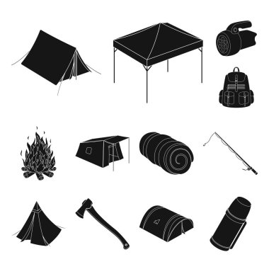 Çadır çeşitleri set koleksiyonu tasarım için simgeler siyah. Resimde web geçici barınak ve vektör simge stok konut.