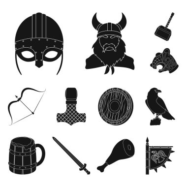 Vikingler ve öznitelikleri set koleksiyonu tasarım için simgeler siyah. Eski İskandinav savaşçı vektör simge stok web çizimi.