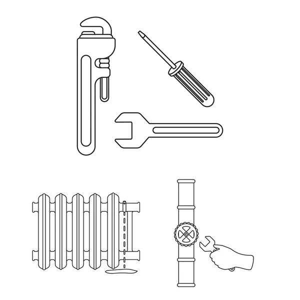 Fontanería, iconos de contorno apropiado en la colección de conjuntos para el diseño. Equipo y herramientas vector símbolo stock web ilustración . — Archivo Imágenes Vectoriales