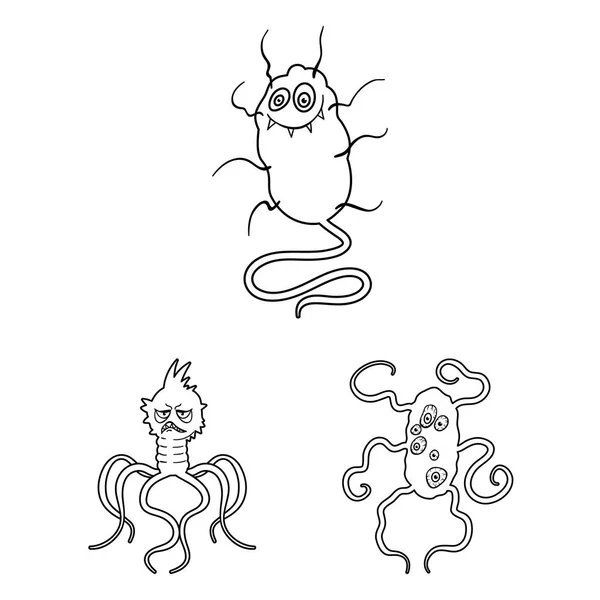 Types de microbes drôles icônes contour dans la collection de jeu pour la conception. Microbes pathogène vecteur symbole stock web illustration . — Image vectorielle