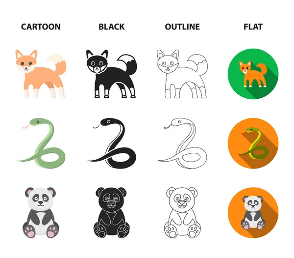 Balina, fil, yılan, fox. Hayvan koleksiyonu Icons set çizgi film, siyah, anahat, düz stil vektör simge stok çizim web.