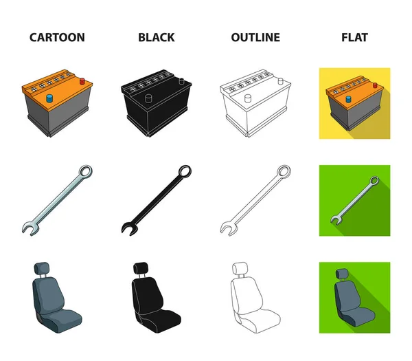 Feu de circulation, vieille voiture, batterie, clé, jeu de voiture icônes de la collection dans la bande dessinée, noir, contour, plat style vectoriel symbole illustration web . — Image vectorielle