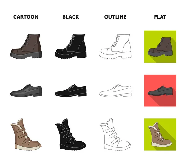 En uppsättning ikoner på en mängd olika skor. Olika skor enda ikon i tecknad, svart, disposition, platt stil vektor web symbol stock illustration. — Stock vektor