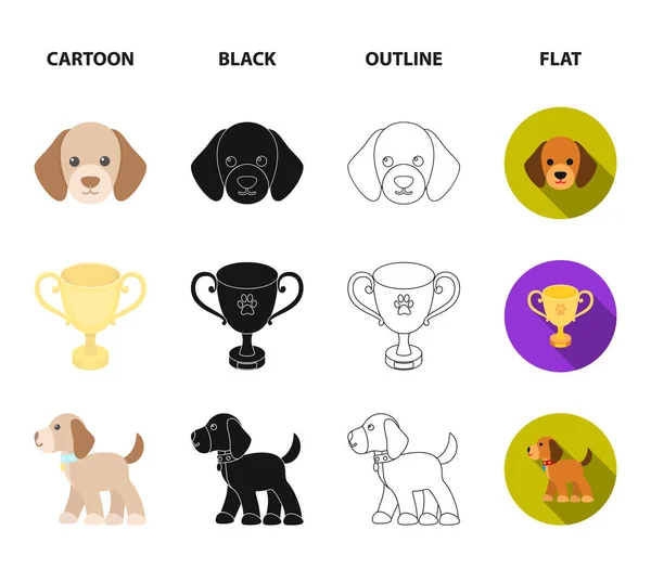 狗屋, 防护项圈, 狗口, 杯子。狗集合图标在卡通, 黑色, 轮廓, 平面风格矢量符号股票插画网站. — 图库矢量图片