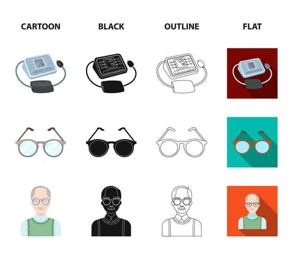 Lottery, hearing aid, tonometer, glasses.Old age set collection icons in cartoon,black,outline,flat style vector symbol stock illustration web. — Stock Vector
