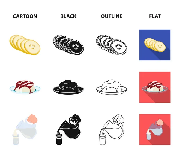Frutas y otros alimentos. Alimentos conjunto colección iconos en dibujos animados, negro, contorno, plano estilo vector símbolo stock ilustración web . — Archivo Imágenes Vectoriales