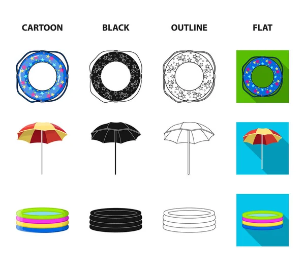 Dibujos Animados Círculo Natación Multicolor Negro Contorno Iconos Planos Colección — Vector de stock
