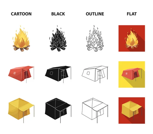 遮阳篷, 消防和其他旅游设备。帐篷集合图标在卡通, 黑色, 轮廓, 平面风格矢量符号股票插画网站. — 图库矢量图片