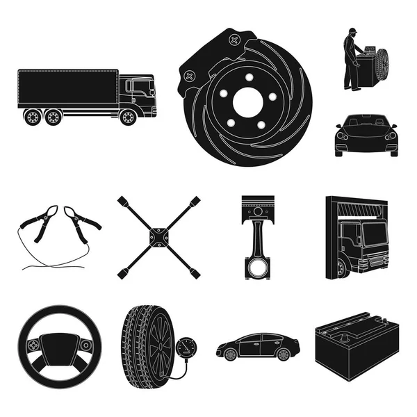 Araba, Asansör, pompa ve diğer ekipmanlar set koleksiyonu tasarım için simgeler siyah. Araba bakım istasyonu vektör simge stok çizim web.